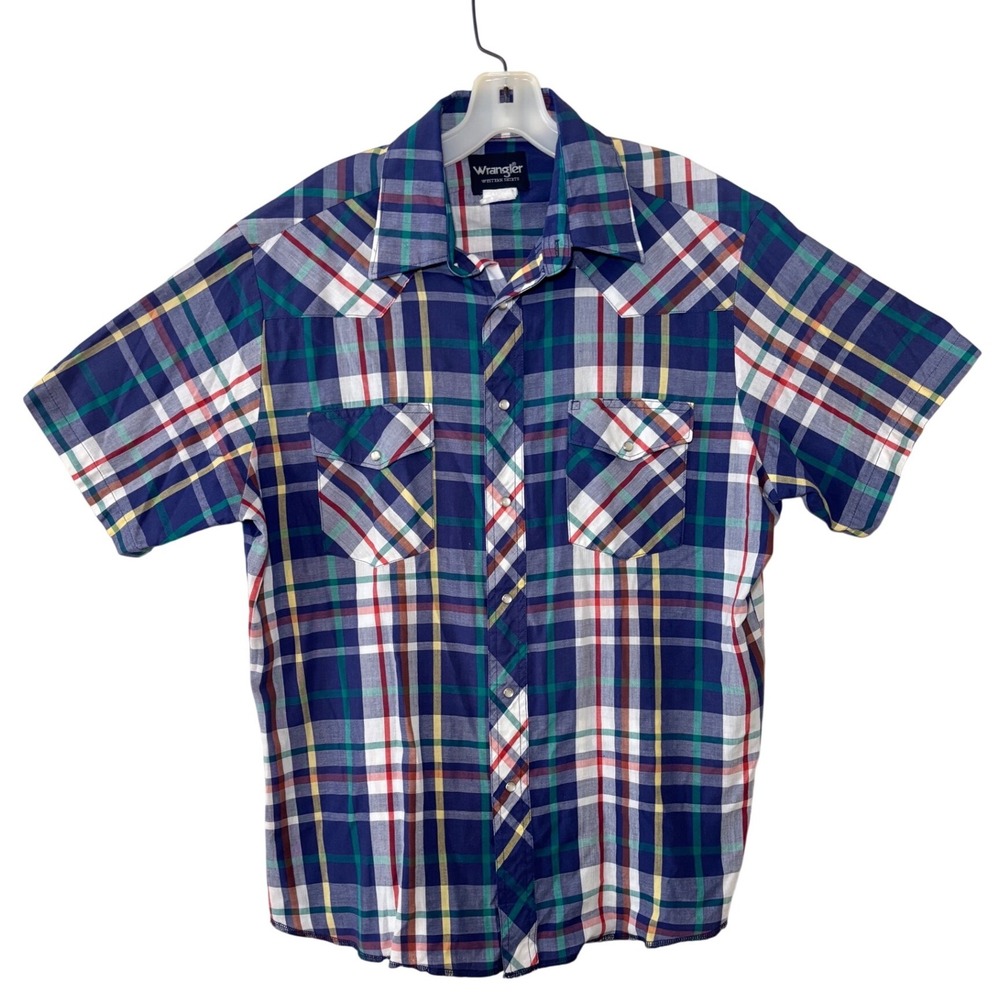Wrangler Western Shirt Mens Blue Plaid Short Sleeve Size L Pearl Snap Button Up